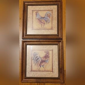 Rustic Wooden Framed Wall Art Set X2 "Keeper Of The Roosters" Vintage